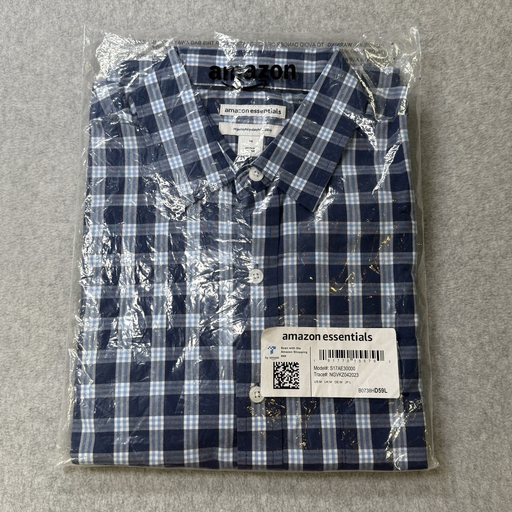Amazon Essentials Men's Regular Fit LongSleeve Casual Poplin Shirt, Blue Check M